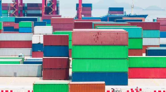 supply chain crisis, modern container terminal closeup