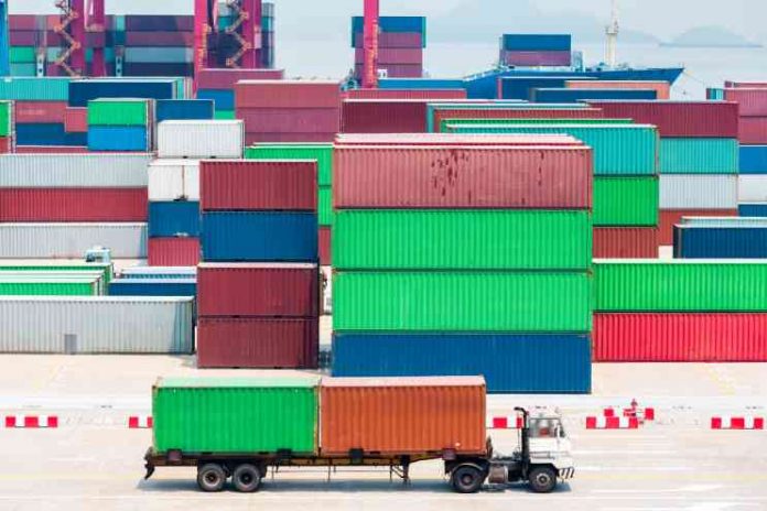 supply chain crisis, modern container terminal closeup