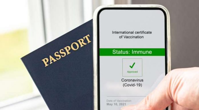 People showing certificate of vaccination on mobile phone with passport before travel