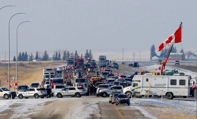 Freedom convoy blocking road at couts alberta