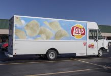 Frito-Lay snack food delivery truck. Frito-Lay is a subsidiary of PepsiCo that manufactures chips and other salty foods.