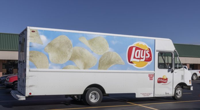Frito-Lay snack food delivery truck. Frito-Lay is a subsidiary of PepsiCo that manufactures chips and other salty foods.