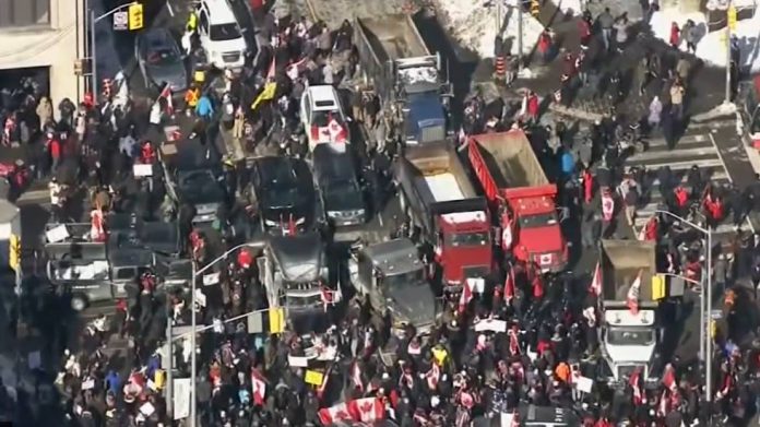 Aerial View of Freedom Convoy protesting in Ottawa, ON
