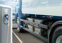 Electric truck batteries are charged from the charging station.