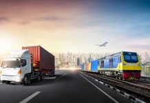 logistics import export of Container Truck on highway and Freight Train with Cargo Plane at city background, Sunset time,