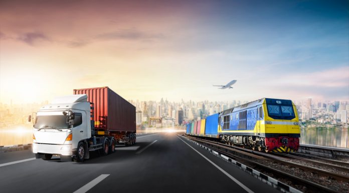 logistics import export of Container Truck on highway and Freight Train with Cargo Plane at city background, Sunset time,