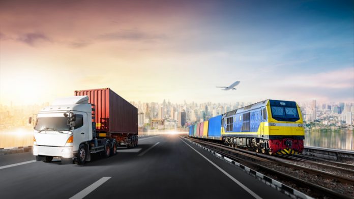 logistics import export of Container Truck on highway and Freight Train with Cargo Plane at city background, Sunset time,