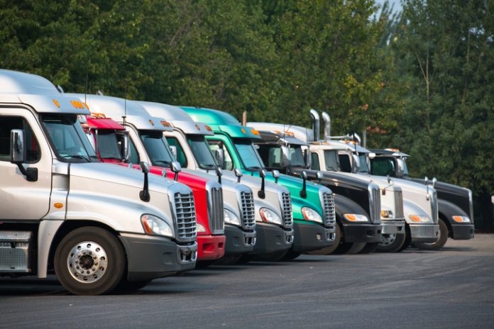 Big rigs semi trucks of different brands models and colors are lined up in parking lots truck stops rest areas filling vacant places to rest have lunch or wait for cargo following traffic schedule
