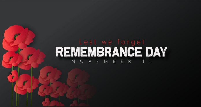 Remembrance day with typography decorated by red poppies. Lest we forget typography poster