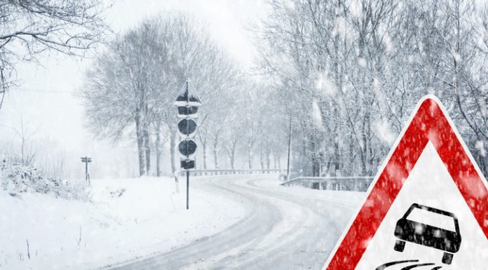 A curvy road sign on a snowy day