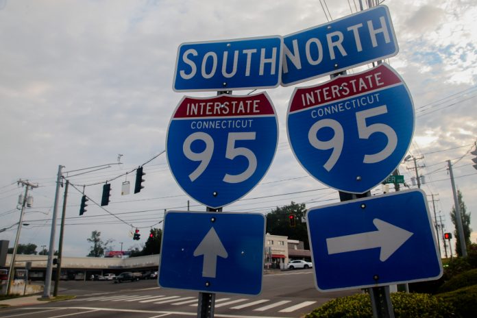 Norwalk, CT, USA - September 5, 2021: Interstate 95 road sign on Post road or Connecticut Avenue at morning