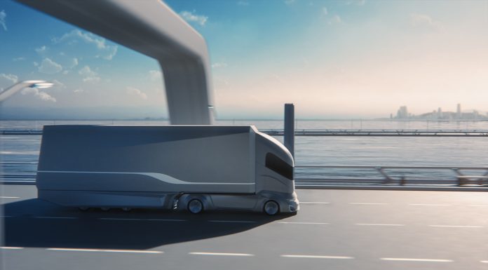 Futuristic Technology Concept: Autonomous Self-Driving Truck with Cargo Trailer Drives on the Road with Scanning Sensors. 3D Zero-Emissions Electric Lorry Driving Fast on Scenic Highway Bridge.