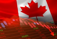 Canada economic downturn with stock exchange market showing stock chart down and in red negative territory. Business and financial money market crisis concept.