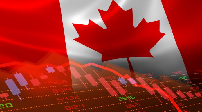 Canada economic downturn with stock exchange market showing stock chart down and in red negative territory. Business and financial money market crisis concept.